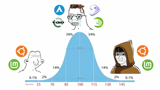 Bell curve meme about Linux distros.